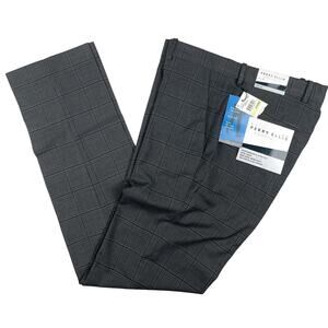 Perry Ellis Portfolio New Men's Charcoal Slim-Fit Windowpane Plaid Pants 30x32
